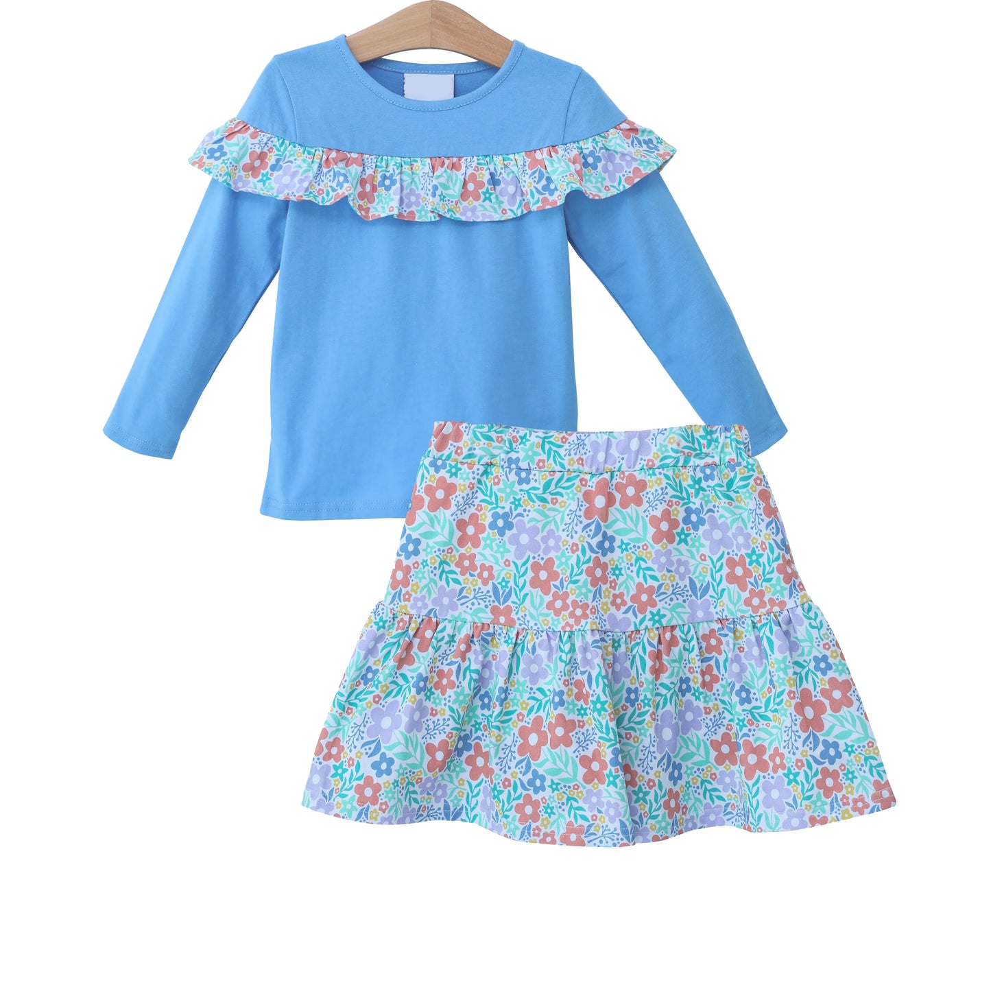 (Pre-order)GLD0777 Blue Ruffle Top Flowers Skirts Girls Fall Clothes Set