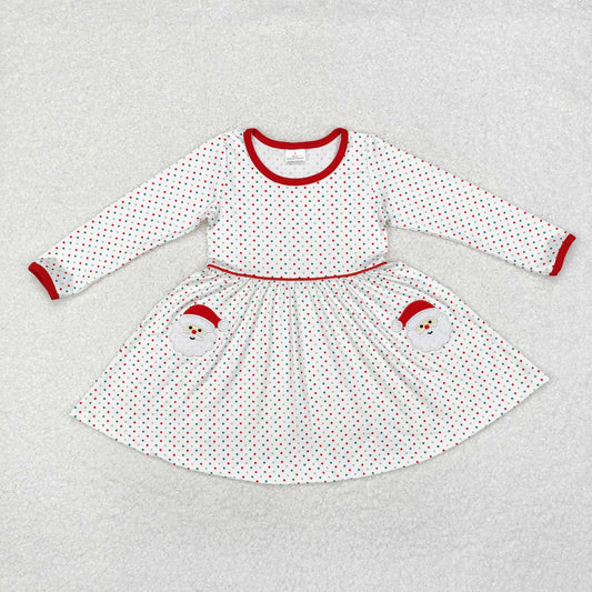 GLD0779 Santa Embroidery Dots Print Girls Knee Length Christmas Dress