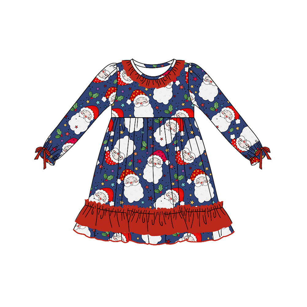 (Pre-order)GLD0780 Santa Holly Print Girls Knee Length Christmas Dress