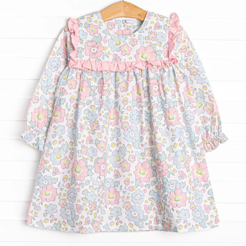 (Pre-order)GLD0782 Pink Flowers Print Girls Knee Length Fall Dress