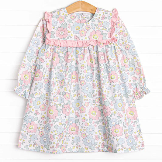 (Pre-order)GLD0782 Pink Flowers Print Girls Knee Length Fall Dress