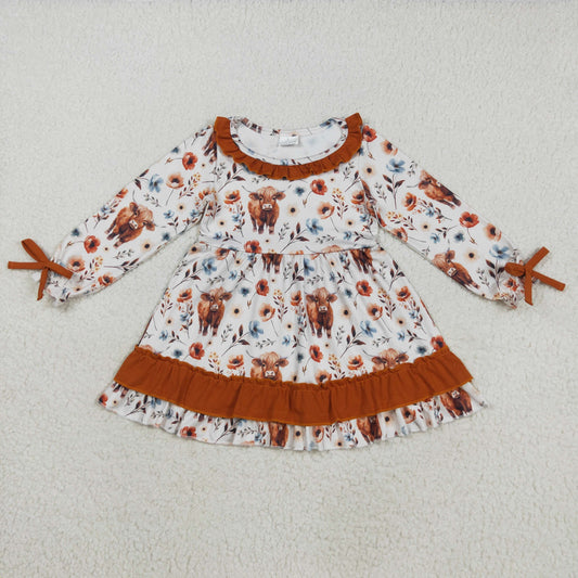 GLD0784 Highland Cow Flowers Print Girls Fall Knee Length Dress