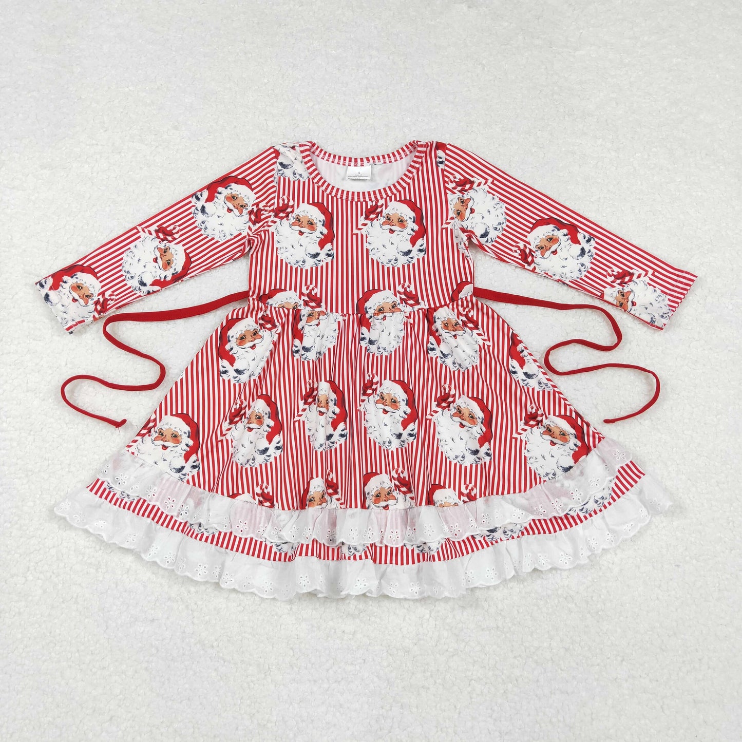 GLD0786 Santa Red Stripes Print Girls Knee Length Christmas Dress