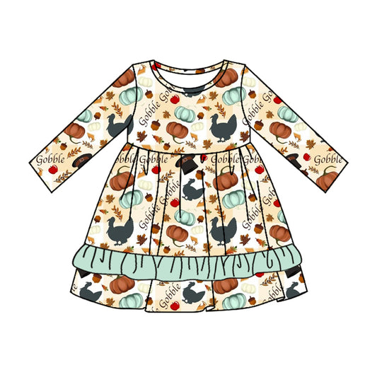 (Pre-order)GLD0789 Gobble Turkey Pumpkin Print Girls Knee Length Thanksgiving Dress