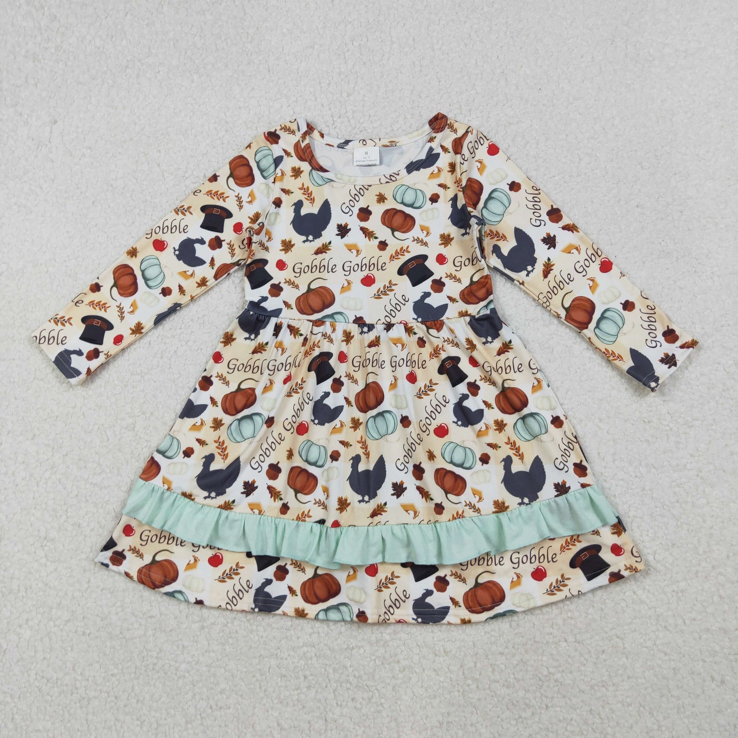 GLD0789 Gobble Turkey Pumpkin Print Girls Knee Length Thanksgiving Dress