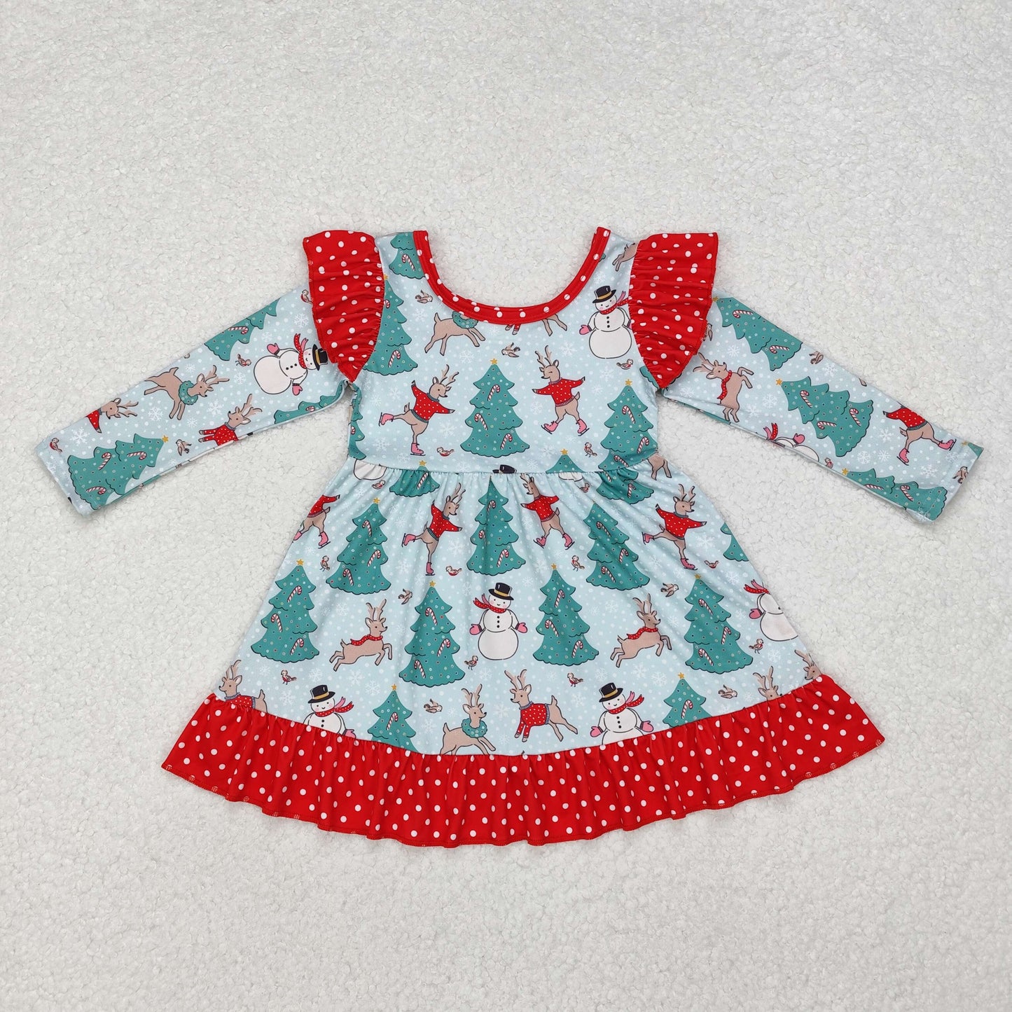 GLD0794 Snowman Deer Tree Print Girls Knee Length Christmas Dress