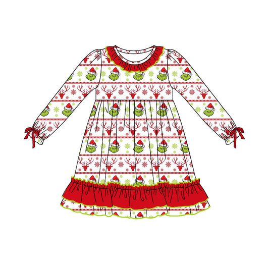 (Pre-order)GLD0796 Green Frog Print Girls Knee Length Christmas Dress