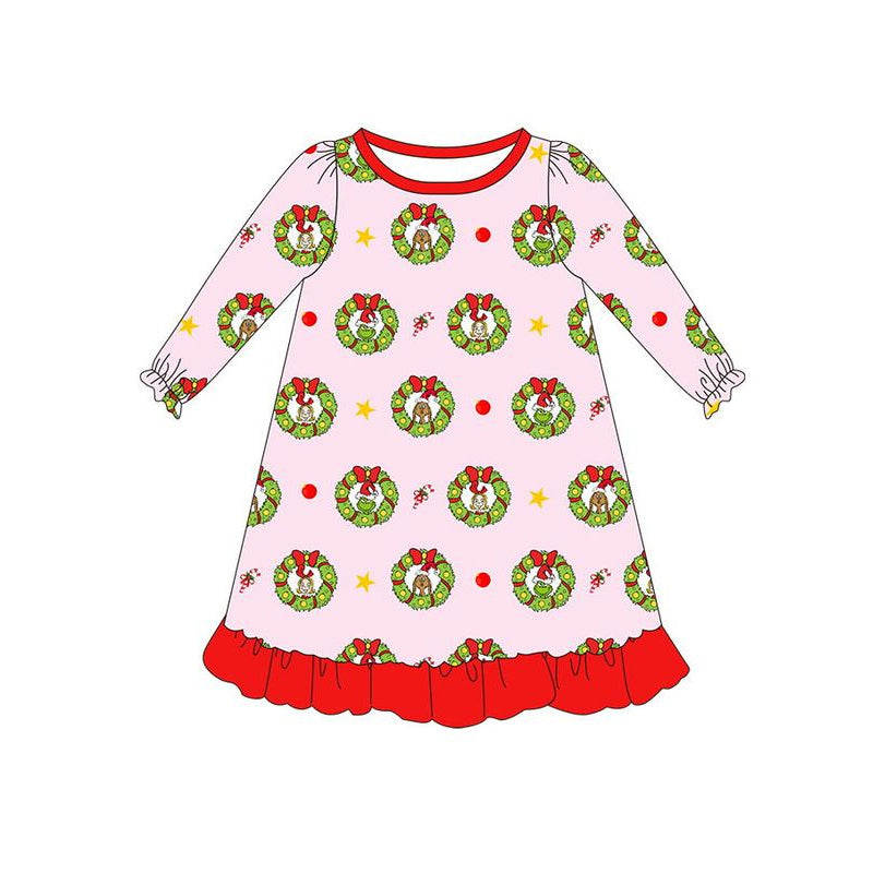 (Pre-order)GLD0797 Green Frog Holly Flowers Print Girls Knee Length Christmas Dress