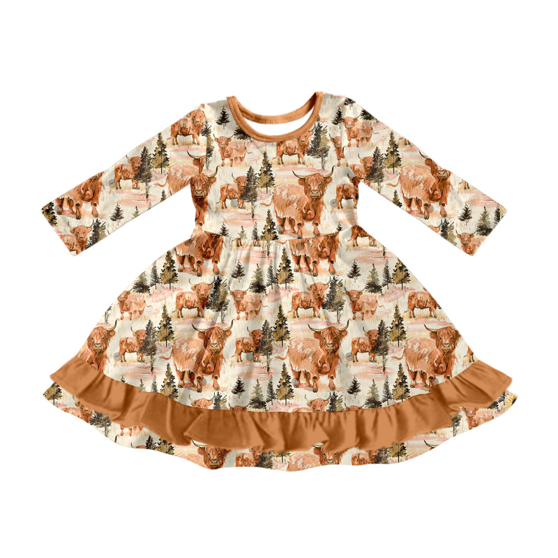 (Pre-order)GLD0798 Highland Cow Print Girls Knee Length Fall Dress