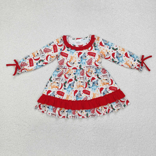 GLD0802 Cartoon Dog Milk Holly Print Girls Christmas Knee Length Dress