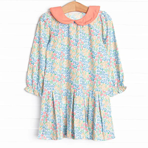 (Pre-order)GLD0803 Flowers Print Girls Knee Length Fall Dress