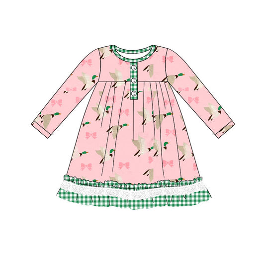 (Pre-order)GLD0804 Duck Bows Pink Print Girls Knee Length Fall Dress