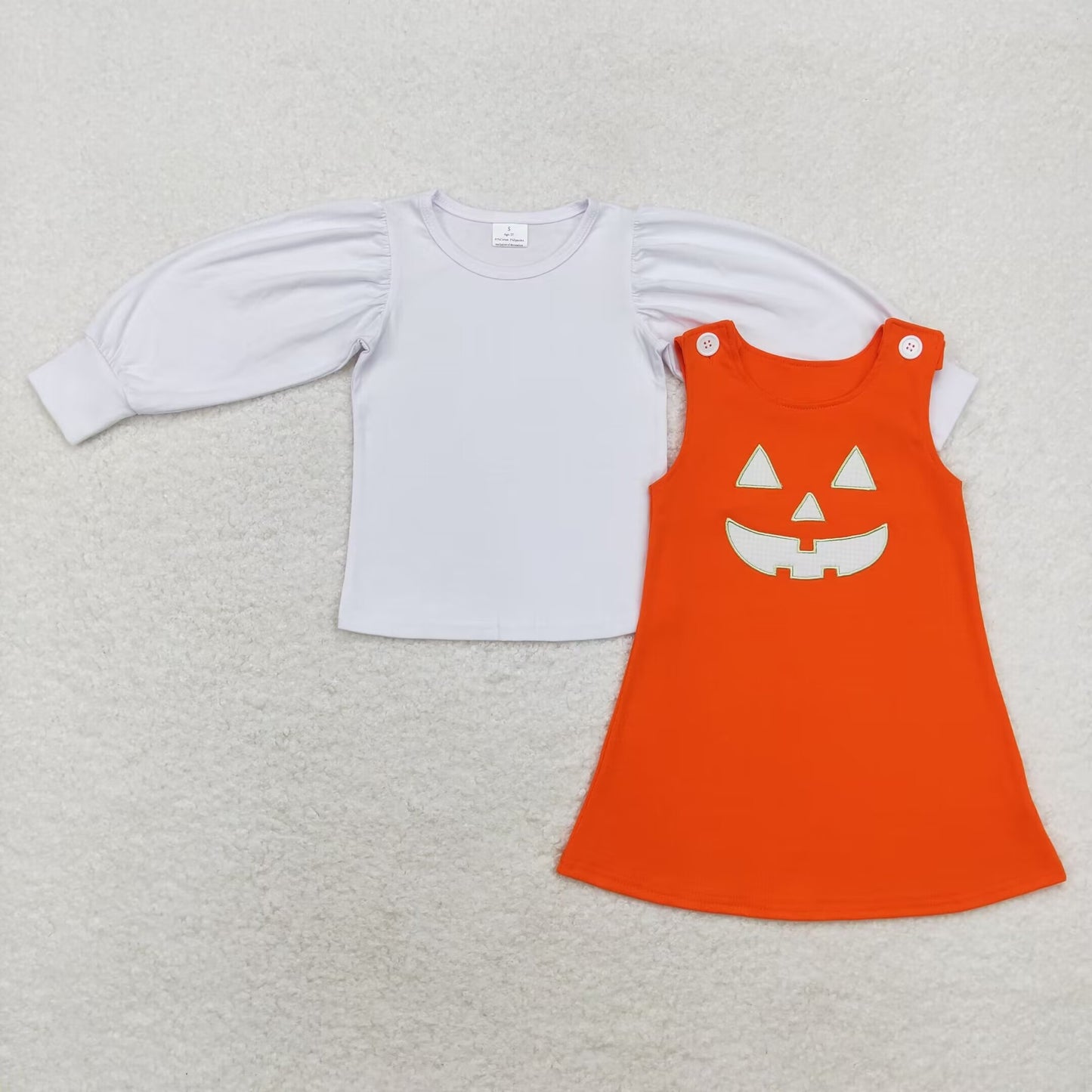 GLD0807 White Top Ghost Face Embroidery Orange Dress Girls 2 Pieces Halloween Clothes Set