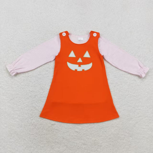 GLD0808 Pink Plaid Top Ghost Face Embroidery Orange Dress Girls 2 Pieces Halloween Clothes Set