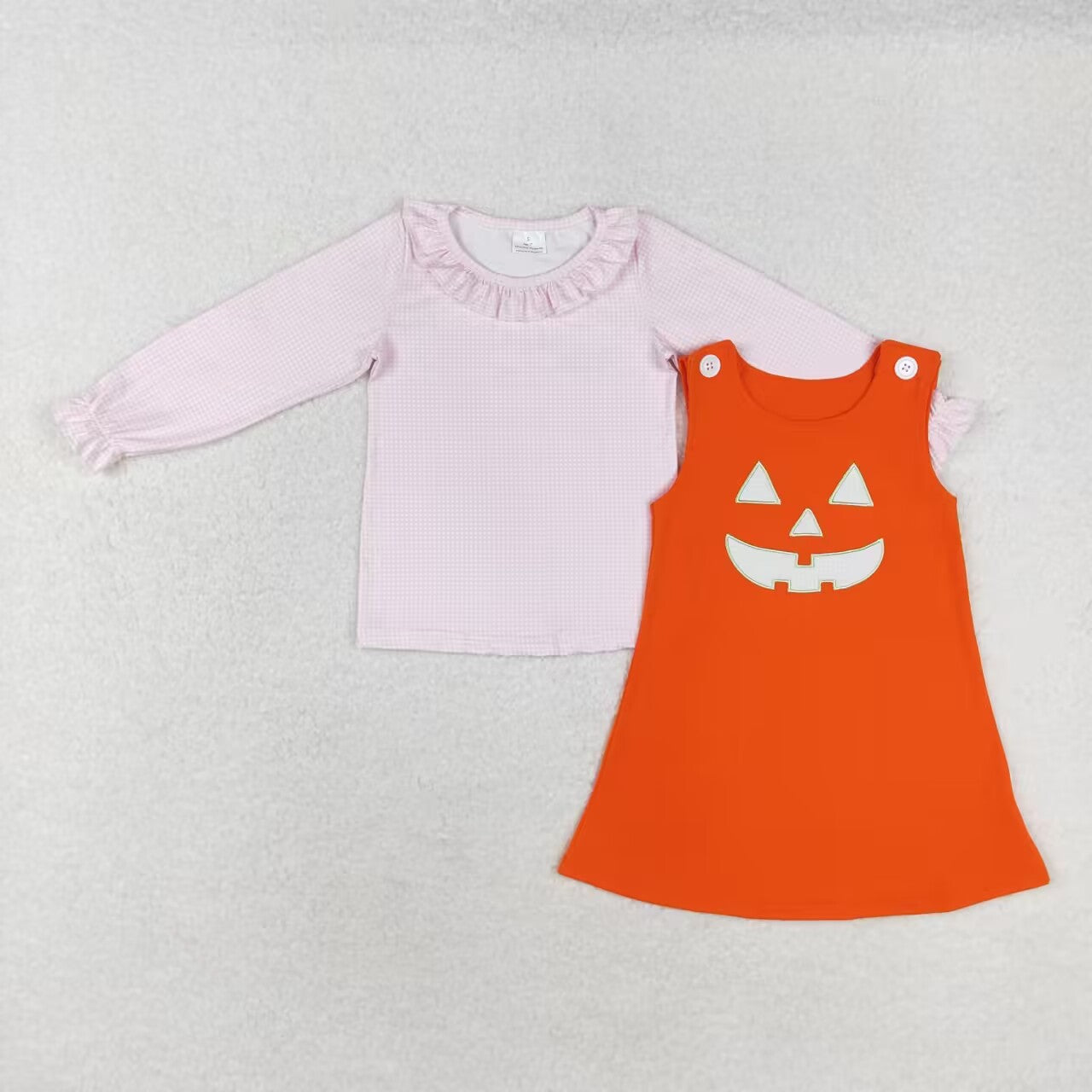 GLD0808 Pink Plaid Top Ghost Face Embroidery Orange Dress Girls 2 Pieces Halloween Clothes Set