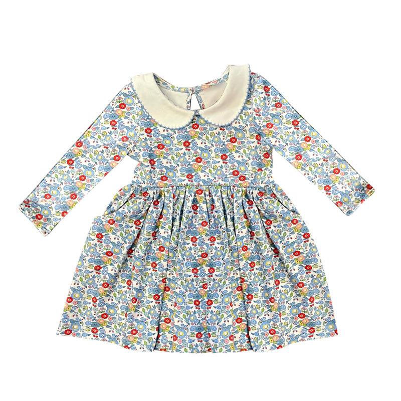 (Pre-order)GLD0811 Flowers Print Girls Knee Length Fall Dress