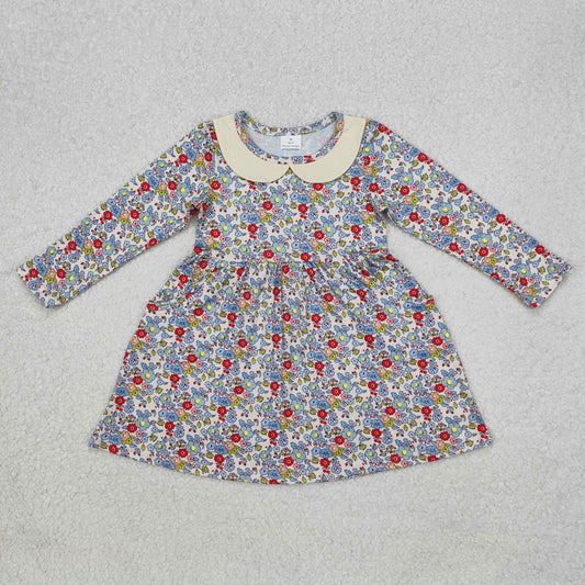 GLD0811 Flowers Print Girls Long Sleeve Knee Length Dress