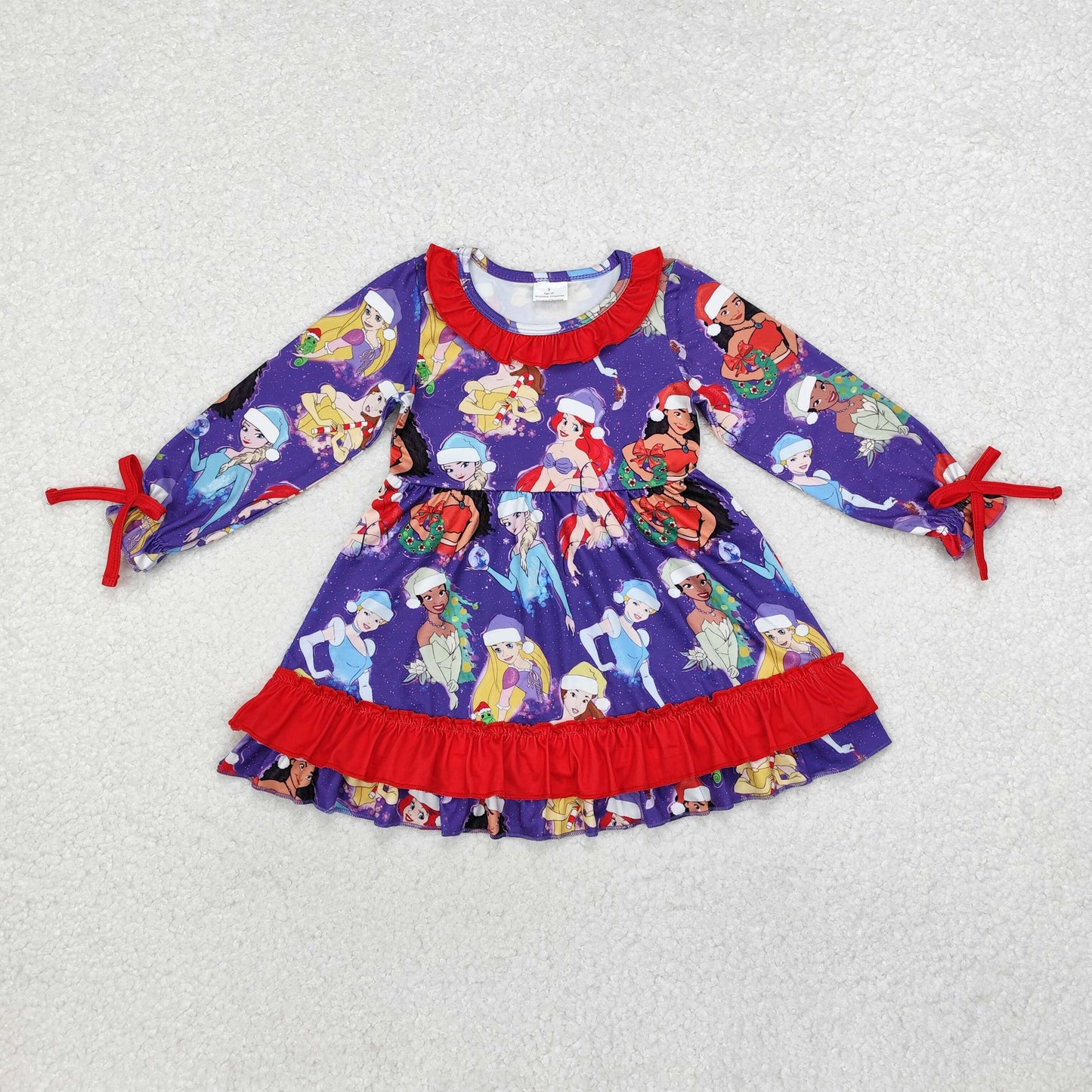 GLD0815 Cartoon Princess Print Girls Knee Length Christmas Dress