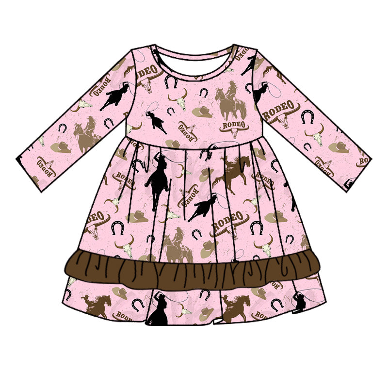 (Pre-order)GLD0818 Rodeo Skull  Hat Pink Print Girls Knee Length Fall Western Dress