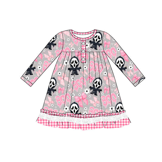 (Pre-order)GLD0820 BOO Ghost Bows Pink Print Girls Knee Length Halloween Dress