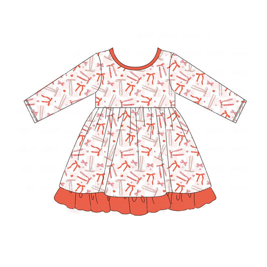 (Pre-order)GLD0823 Pink Red Bows Print Girls Knee Length Fall Dress