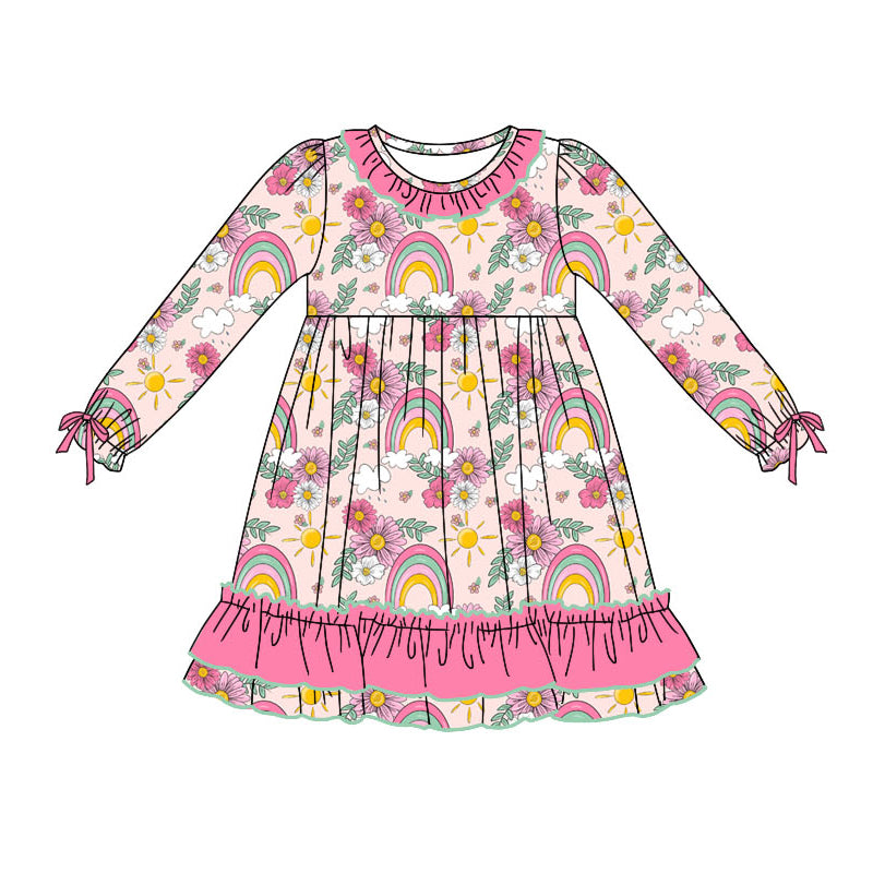 (Pre-order)GLD0825 Flowers Rainbow Print Girls Knee Length Dress