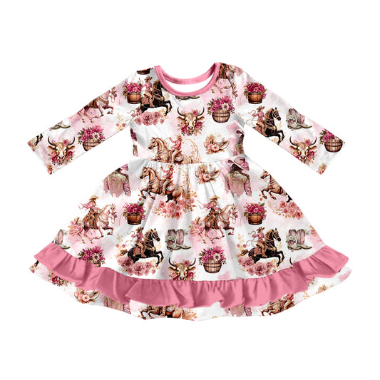 (Pre-order)GLD0830 Cowgirl Flowers Print Girls Fall Knee Length Dress