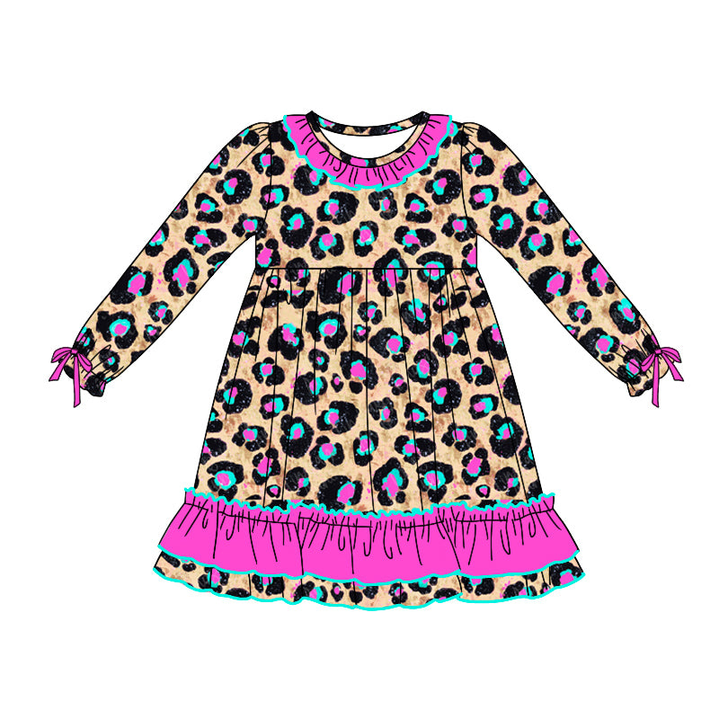 (Pre-order)GLD0832 Hotpink Leopard Print Girls Fall Knee Length Dress