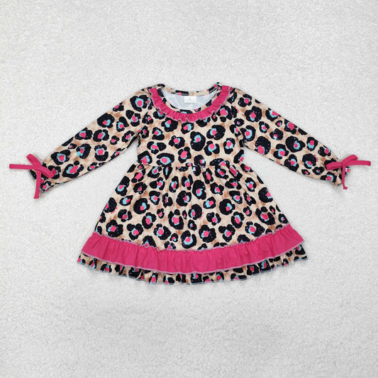 GLD0832 Hotpink Leopard Print Girls Fall Knee Length Dress