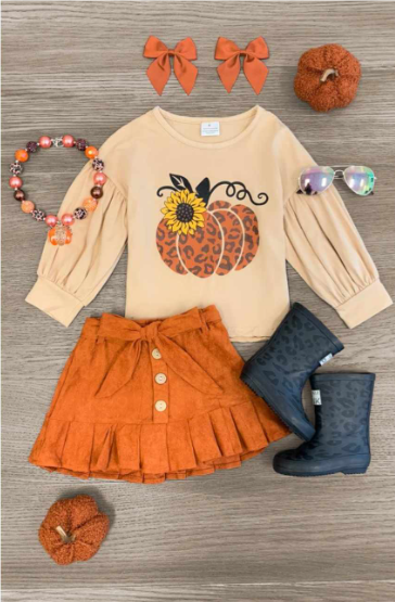 (Pre-order)GLD0833 Pumpkin Leopard Top Skirts Girls Fall Clothes Set