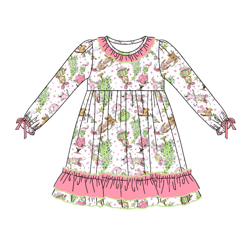 (Pre-order)GLD0834 Green Frog Tree Pink Print Girls Christmas Knee Length Dress