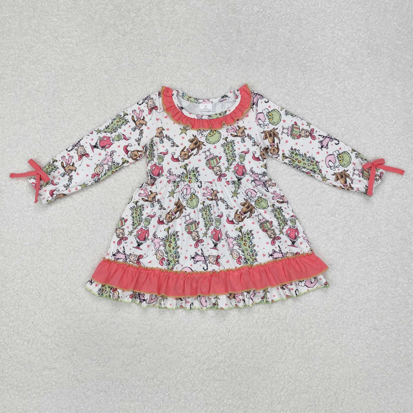 GLD0834 Green Frog Tree Pink Print Girls Christmas Knee Length Dress