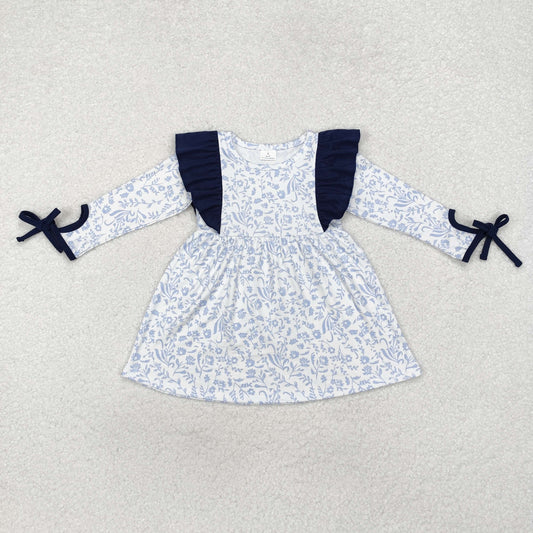 GLD0836 Blue Flowers Print Girls Fall Knee Length Dress