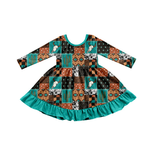 (Pre-order)GLD0837 Skull Cactus Aztec Print Girls Fall Knee Length Dress