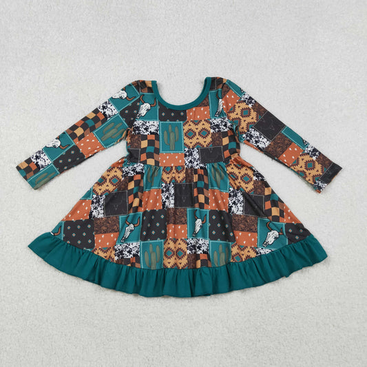 GLD0837 Skull Cactus Aztec Plaid Print Girls Fall Western Knee Length Dress