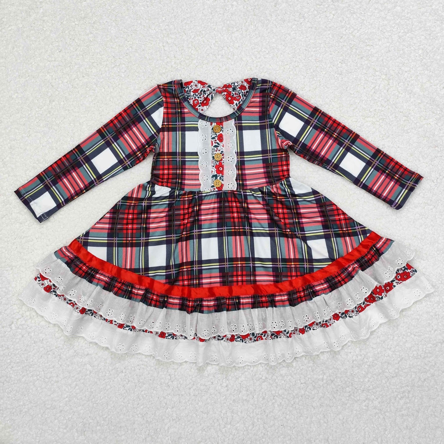 GLD0838 Red Plaid Flowers Print Girls Christmas Knee Length Dress