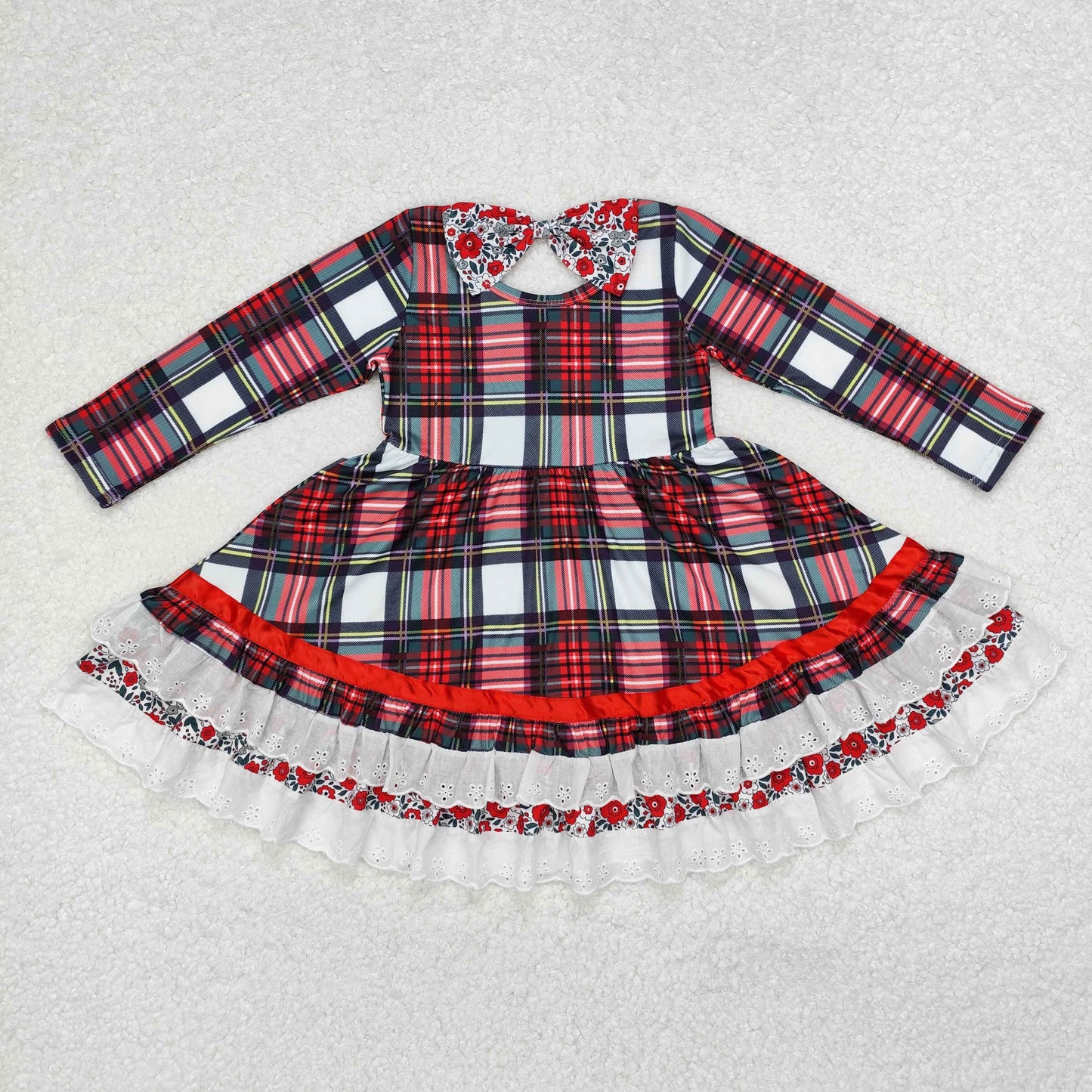 GLD0838 Red Plaid Flowers Print Girls Christmas Knee Length Dress