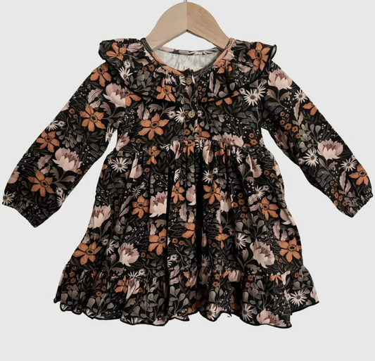 (Pre-order)GLD0842 Flowers Black Print Girls Fall Knee Length Dress