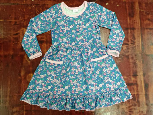 (Custom Design Preorder MOQ 3) Flowers Print Girls Fall Knee Length Dress