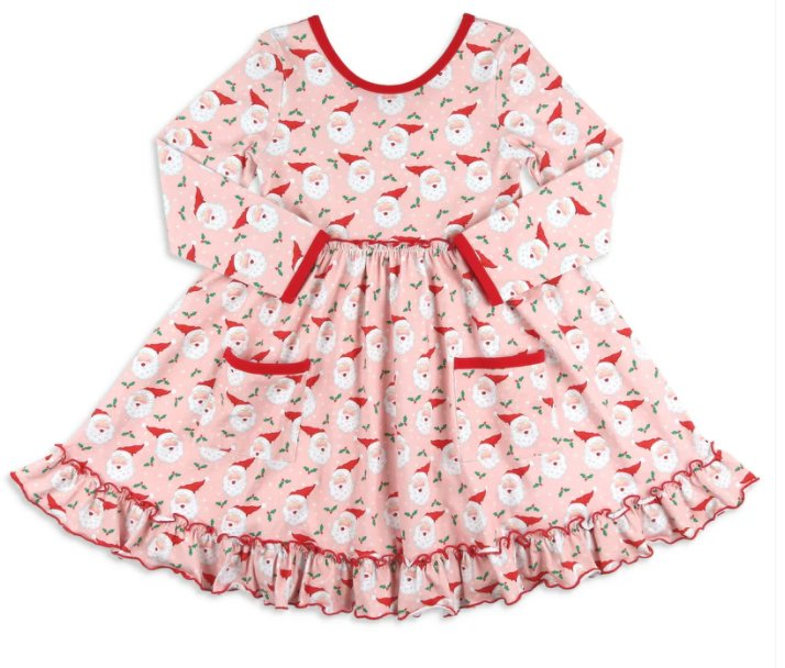 (Pre-order)GLD0846 Santa Holly Print Girls Christmas Knee Length Dress