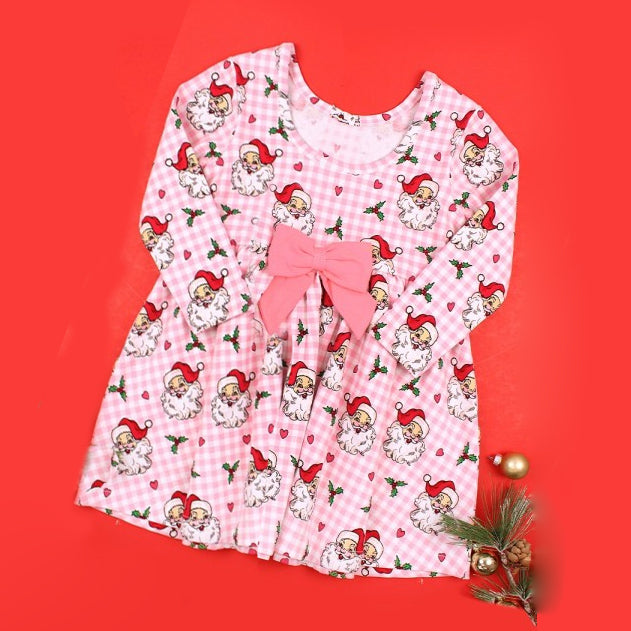 (Pre-order)GLD0848 Santa Holly Print Girls Christmas Knee Length Dress