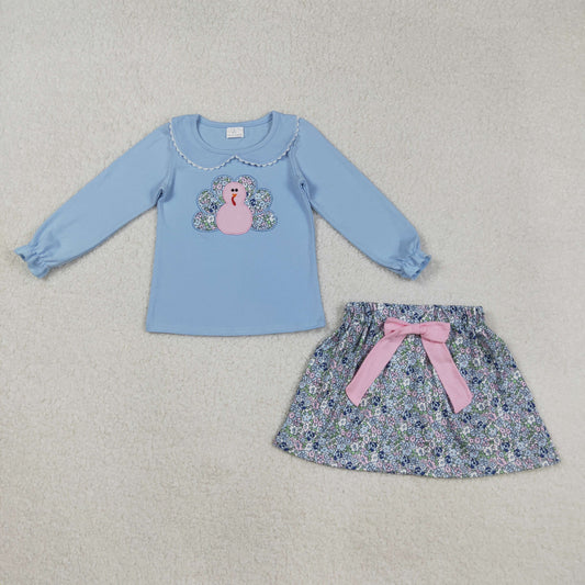 GLD0849 Turkey Embroidery Blue Top Flowers Skirts Girls Thanksgiving Clothes Set