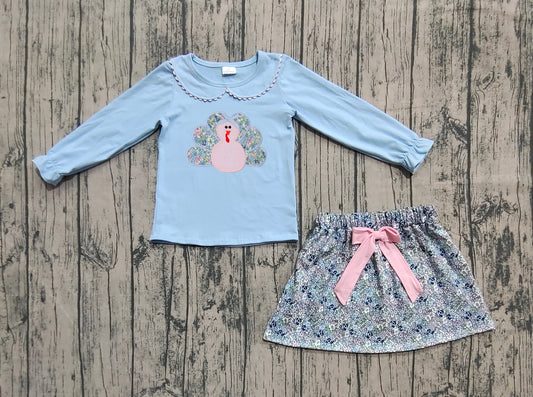 (Pre-order)GLD0849 Turkey Top Flowers Skirts Girls Thanksgiving Clothes Set