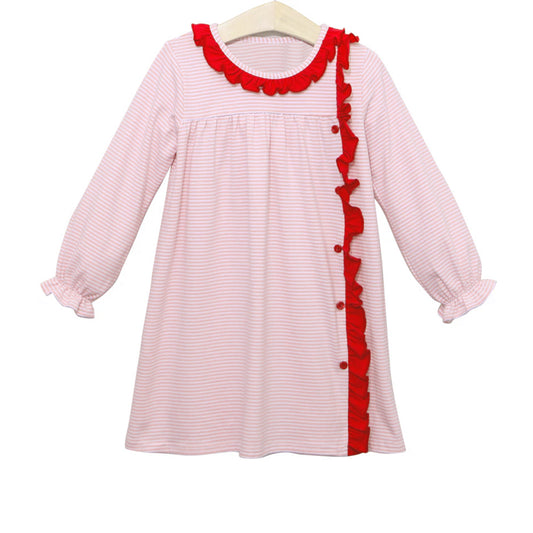 (Pre-order)GLD0851  Pink Stripes Print Girls Fall Knee Length Dress