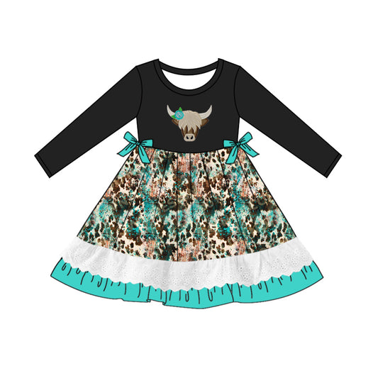 (Pre-order)GLD0852 Highland Cow Print Girls Western Knee Length Dress