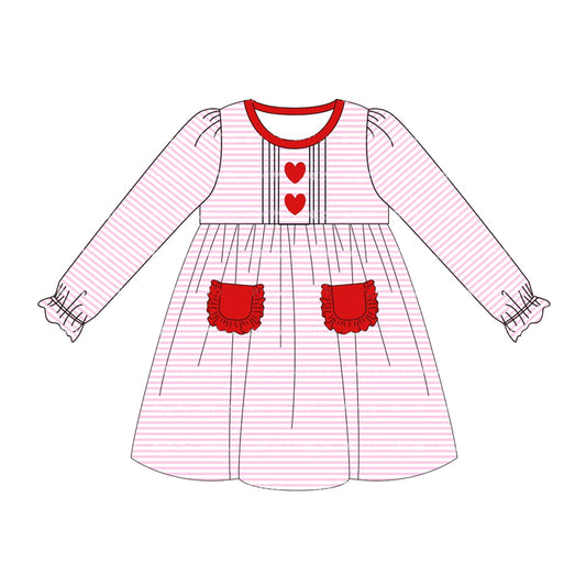 (Pre-order)GLD0853 Heart Pink Stripes Print Girls Valentine's Knee Length Dress