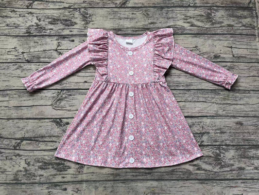 (Pre-order)GLD0857 Pink Flowers Print Girls Knee Length Dress