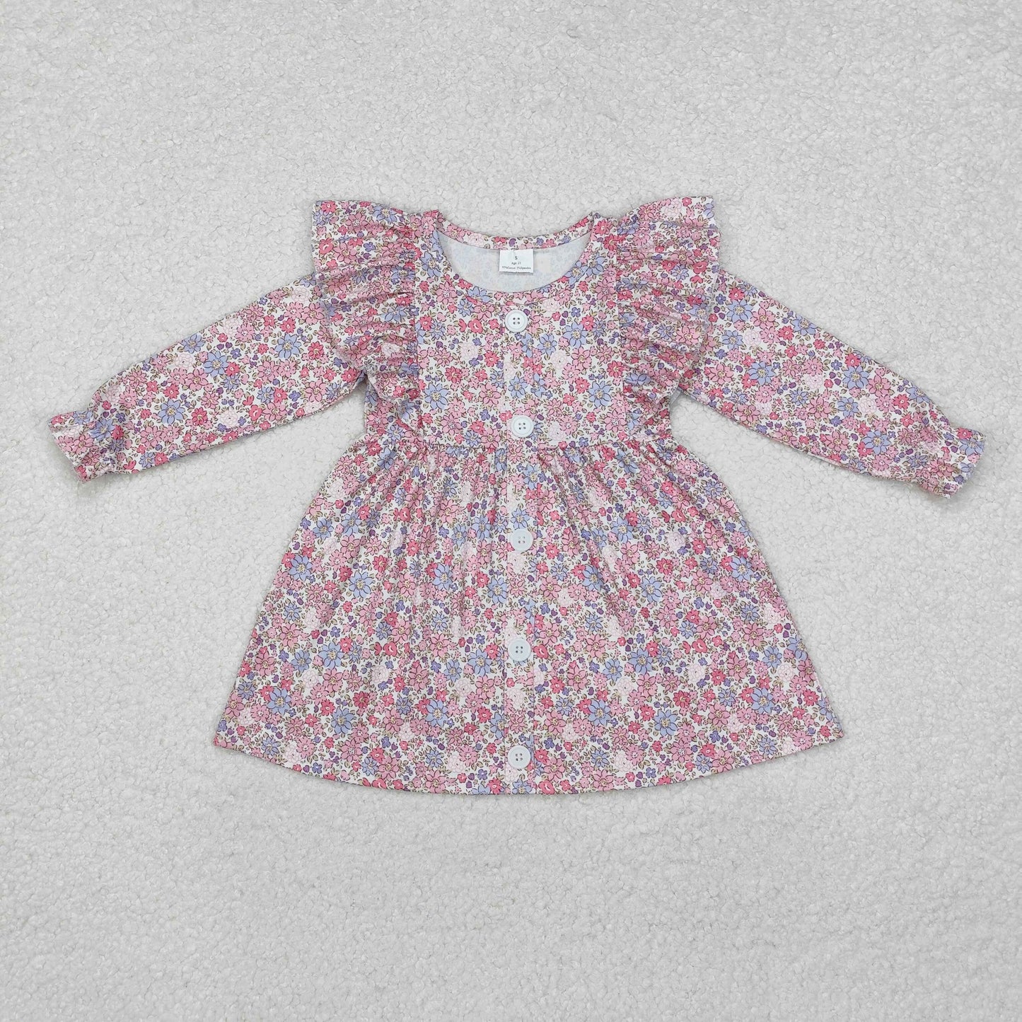 GLD0857 Pink Flowers Print Girls Long Sleeve Knee Length Dress