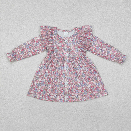 GLD0857 Pink Flowers Print Girls Long Sleeve Knee Length Dress