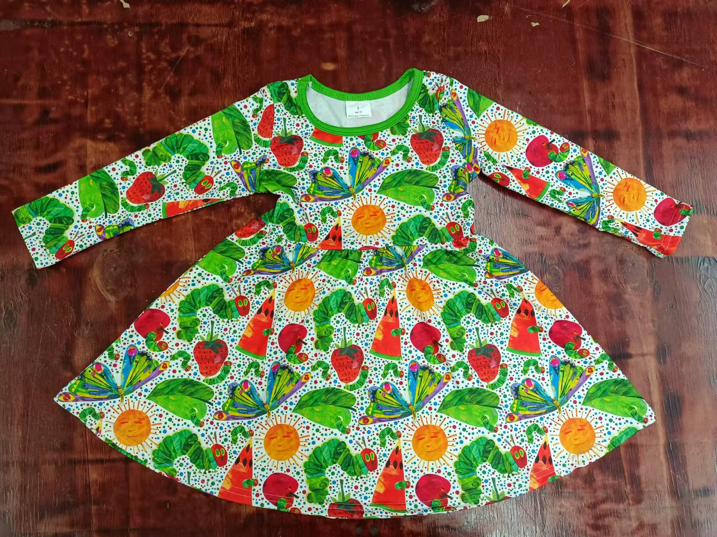 (Custom Design Preorder MOQ 3) Hungry Caterpillar Print Girls Knee Length Dress